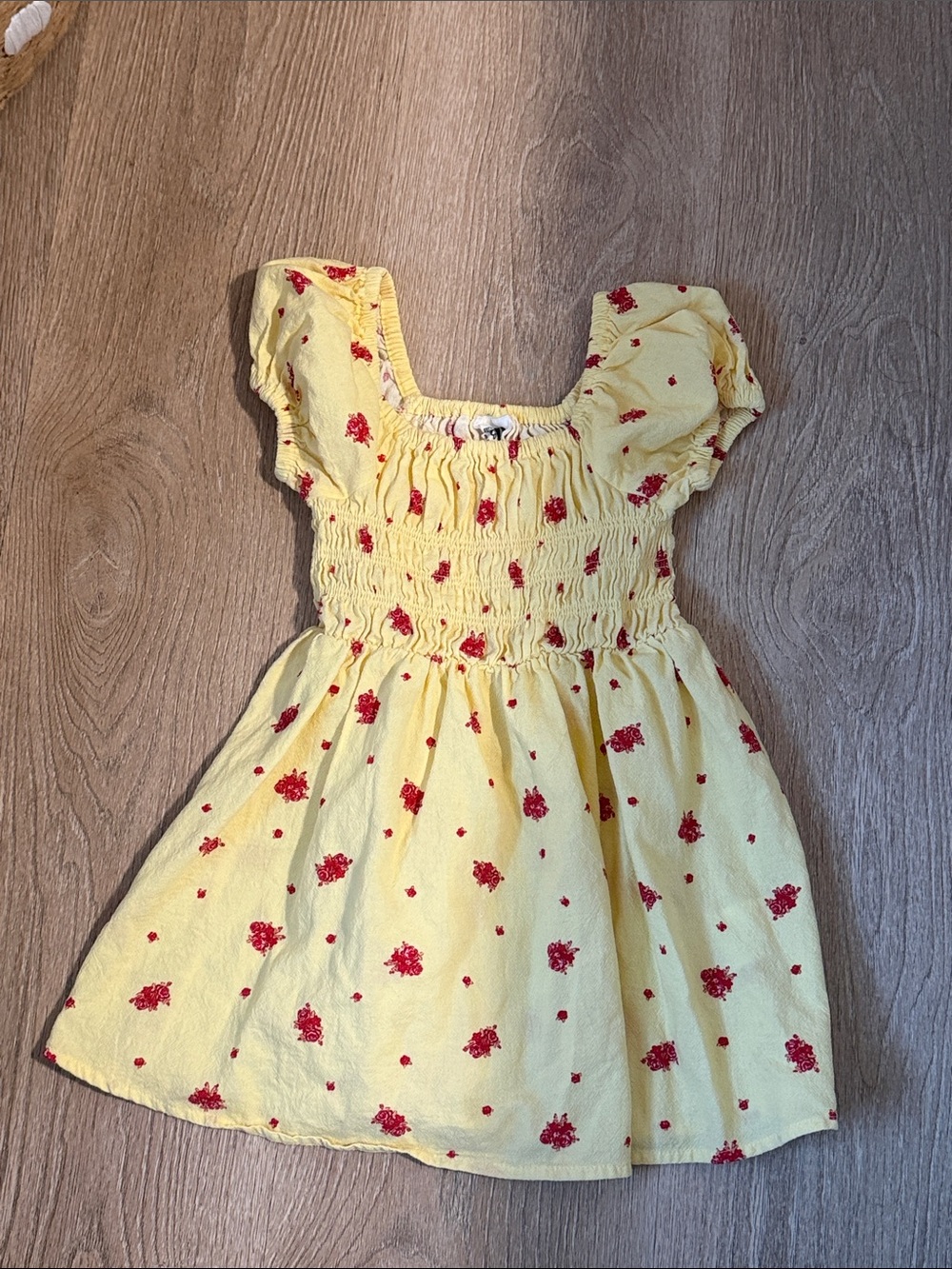 Girls Yellow Smocked Puff-Sleeve Kids Dress with Red Floral Print